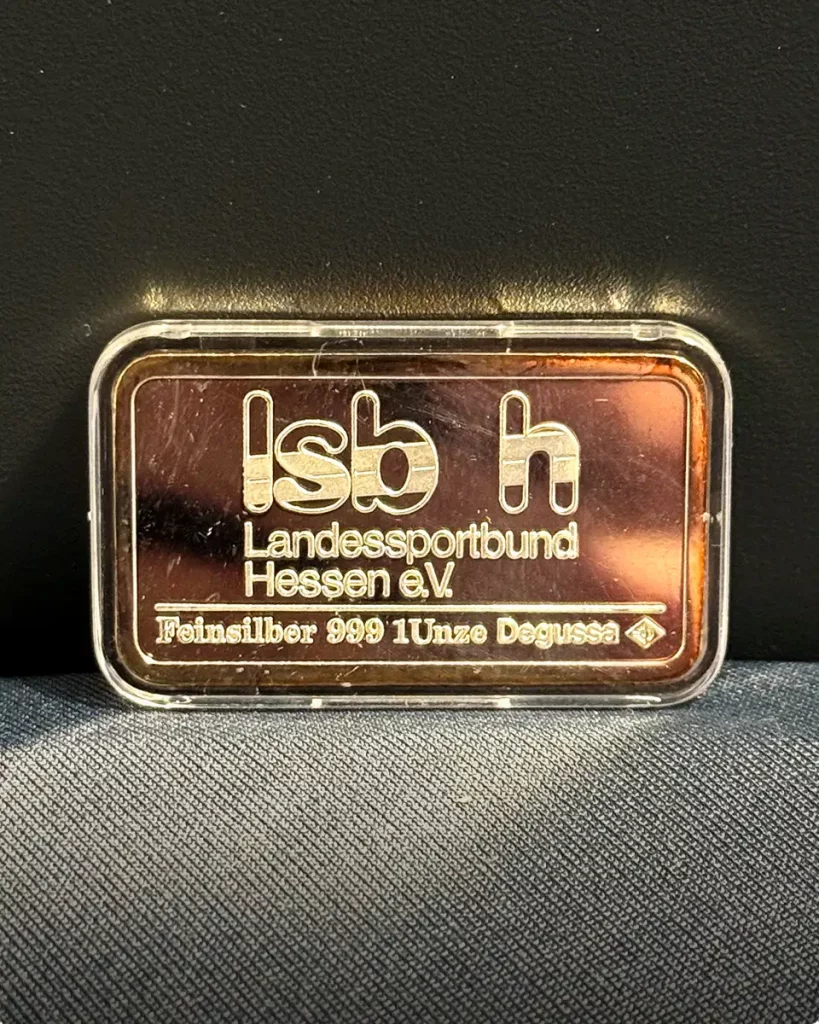 Individualisierter Silberbarren: LSBH – Landessportbund Hessen e.V.; Feinsilber 999, 1 Unze, Degussa